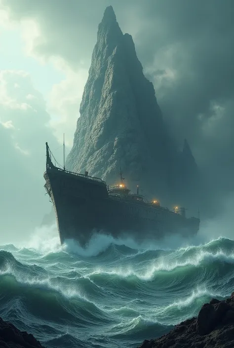 Mythical world　The undulating sea of rough waves　A very large ancient ship　 There is a big mountain on top of the ship