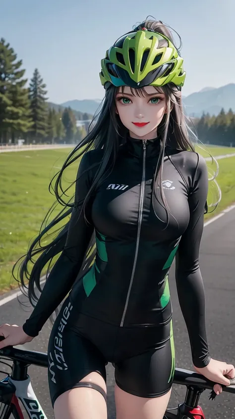 woman , long hair white, normal, she is solo, from alternative world ,best quality, realistic, cycling full (green black) colors suit and cycling sports shorts, she is stand , smile, red lipstick , helmet 