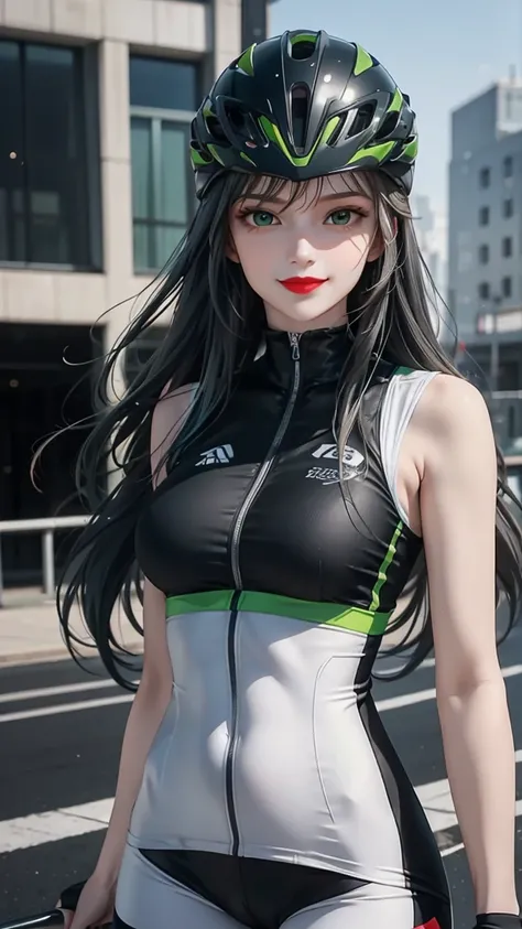 woman , long hair white, normal, she is solo, from alternative world ,best quality, realistic, cycling full (green black) colors suit and cycling sports shorts, she is stand , smile, red lipstick , helmet 