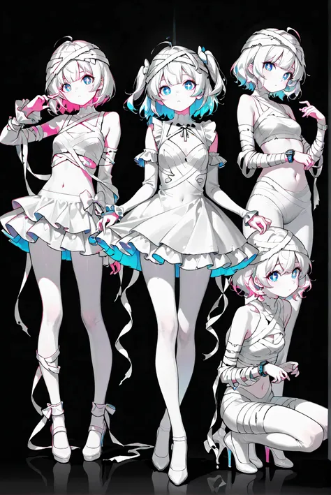 limited palette, Black Background ,Colorful, vivid colors ,Flashing silhouette ,neon,black light ,watch,  Masterpiece,  very beautiful ,,,(White Mummy Costume :1.3),
, （ stands，whole body， high heels:1.7)，Ctianmus3, +_+,  blue eyes,short dress, white panty...