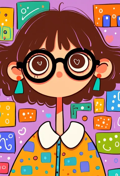 Flat wind，vector，   childish art cartoon of elementary school students in the classroom ，   animated boy with big glasses,  big eyes，  short hair， has a lovely expression ，  Minimalist，shirt with big white collar ，Lovely art style,   colorful! Digital illu...