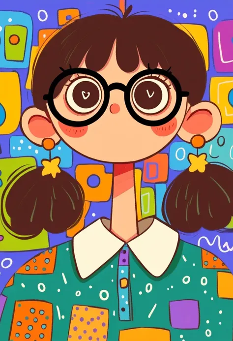 Flat wind，vector，   childish art cartoon of elementary school students in the classroom ，   animated boy with big glasses,  big eyes，  short hair， has a lovely expression ，  Minimalist，shirt with big white collar ，Lovely art style,   colorful! Digital illu...