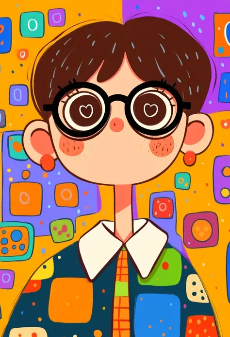 Flat wind，vector，   childish art cartoon of elementary school students in the classroom ，   animated boy with big glasses,  big eyes，  short hair， has a lovely expression ，  Minimalist，shirt with big white collar ，Lovely art style,   colorful! Digital illu...