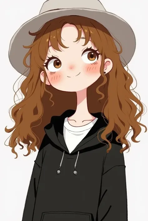 cartoon character of a girl with a hat .   White Skin ,  brown hair ,  curls,   long hair ,  Freckles on the cheeks ,   wearing a black hoodie and white shirt 