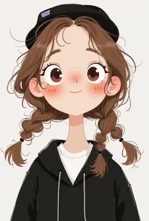 cartoon character of a girl with a hat .   White Skin ,  brown hair ,  curls,   long hair ,  Freckles on the cheeks ,   wearing a black hoodie and white shirt 