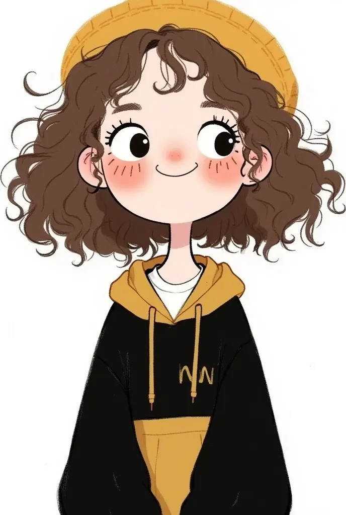 cartoon character of a girl with a hat .   White Skin ,  brown hair ,  curls,   long hair ,  Freckles on the cheeks ,   wearing a black hoodie and white shirt 