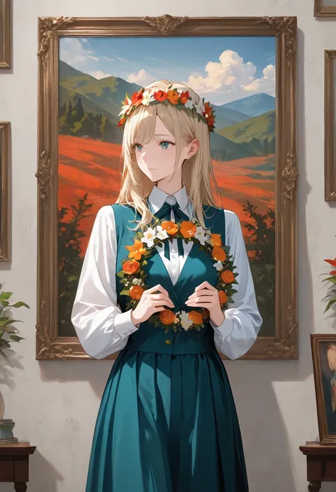 ((Extreme detail)),( super high resolution),(Painting), ,  Highly Detailed CG Unity 8K Wallpaper,,  girl with a wreath on her head,  long blonde