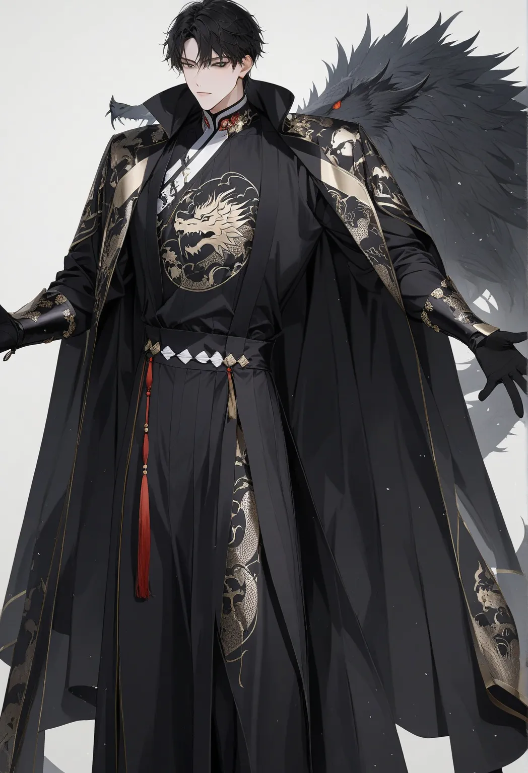    An Asian man   ,  wearing black chinese emperors  costume with dragon print,  long black hair, black eye,   majestic and cold face  , tall body ,   broad shoulder , emperors ,   with armor on the shoulders and in front of the chest , black fur cape  ,  ...