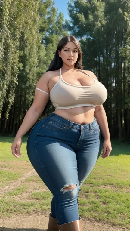 realistic photo from head to toe,  full body view,Araffe UssBBW, large, curvaceous, , Working farmer's wife, muscular woman,  wide hips,  blonde poop ,  ripped old jeans , ripped dark green crop top with low neckline,  long strong legs, heavy black wellies...