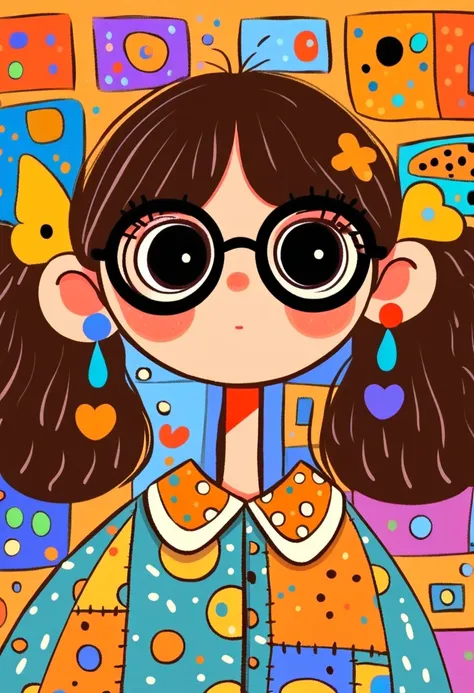 Flat wind，vector，   childish art cartoon of elementary school students in the classroom ，  ANIMATED GIRL WITH BIG GLASSES , Animated girl with big eyes ，  has a lovely expression ，Two buns，  Minimalist， WOMAN SHIRT WITH BIG WHITE COLLAR，Patchwork，Lovely ar...