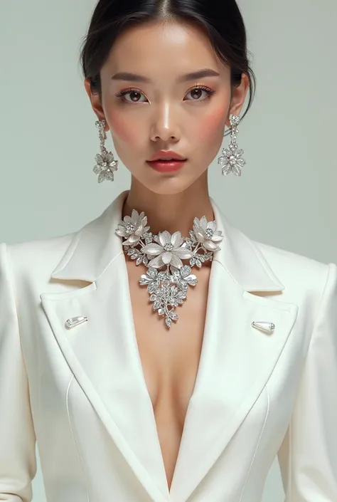 The model is wearing an elegant white suit with big flower crystal Jewelry , stunning look