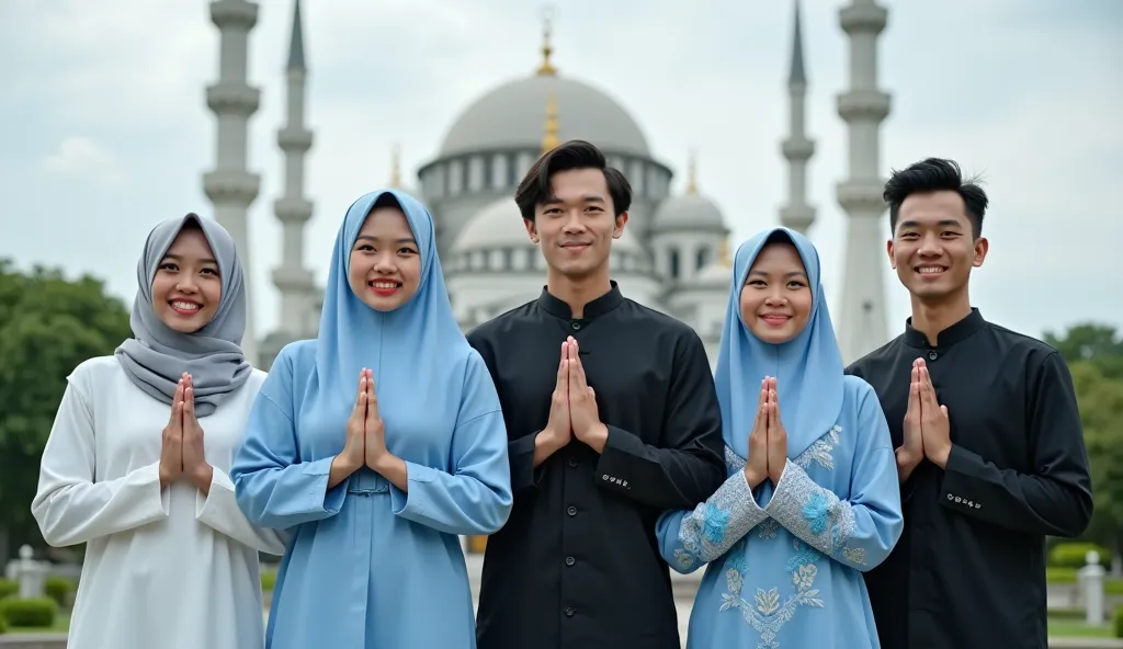 5 people made up of 2 beautiful Indonesian women, hijab, wearing muslim clothes in white and blue shades of islamic, while 2 handsome Indonesian men, peci in black, Long Sleeve Islamic Print Color Coconut Dress,  black pants, face smile mouth closed facing...