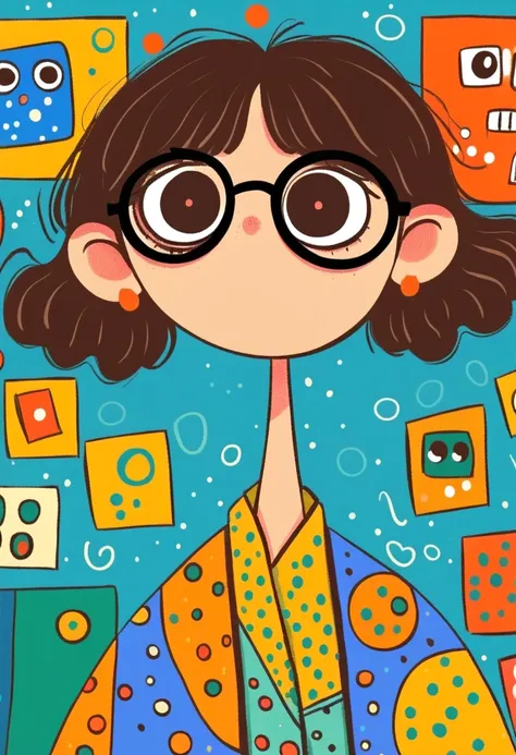 Flat wind，vector，   childish art cartoon of elementary school students in the classroom ，   animated boy with big glasses,  big eyes，  short hair， has a lovely expression ，  Minimalist， suit ，Lovely art style,   colorful! Digital illustration style, Mathem...