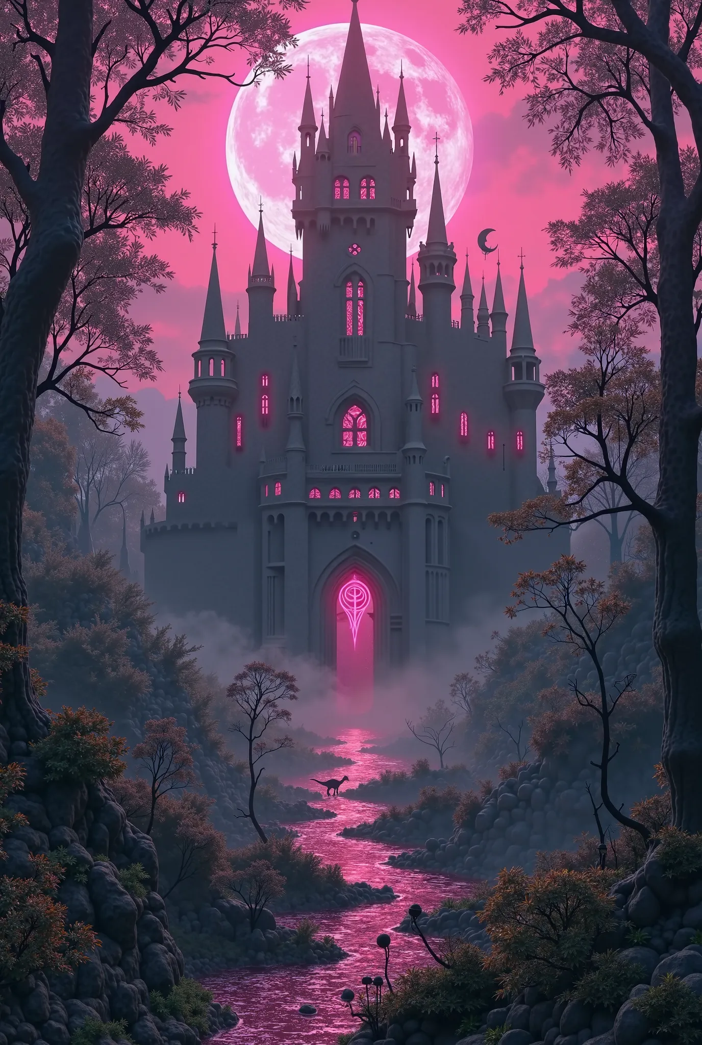 Image with Malevola's castle,black and pink in the middle of the forest.with rivers and dinosaurs walking next door.