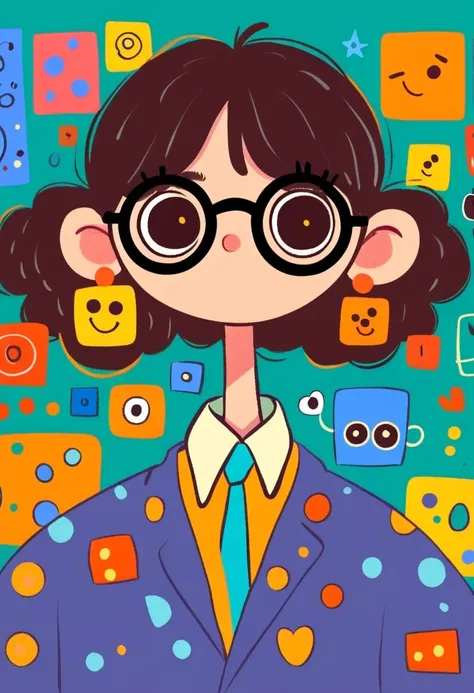 Flat wind，vector，   childish art cartoon of elementary school students in the classroom ，   animated boy with big glasses,  big eyes，  short hair， has a lovely expression ，  Minimalist， suit ，Lovely art style,   colorful! Digital illustration style, Mathem...