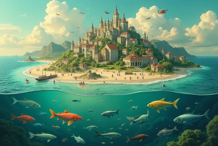 A surreal Real images creating a lively 2 -dimensional map. Represents the ground with symbols of various cities and Small people Live his life in his style And the water floor that includes fish, dragons, aquatic animals and the ocean

Deepness, medium -s...