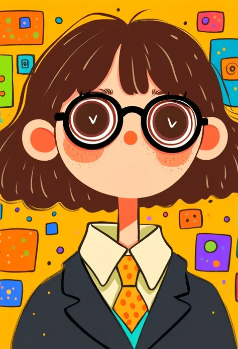 Flat wind，vector，   childish art cartoon of elementary school students in the classroom ，   animated boy with big glasses,  big eyes，  short hair， has a lovely expression ，  Minimalist， suit ，Lovely art style,   colorful! Digital illustration style, Mathem...