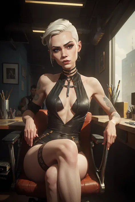 (Masterpiece:1.2, Best quality, cyberpunk), (real photo, Intricate details), (1lady, solo, Slender body, Upper body, small breast,)，old face  Experiment with appearance：Shave your head or white barbershop style short thick hair color, white hair, short hai...