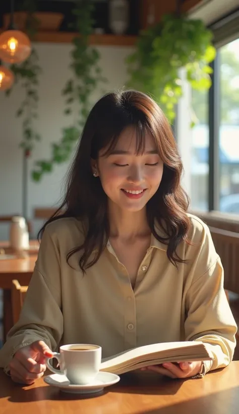 "A realistic Japanese woman in her late 20s, sitting at a modern café with a coffee cup in hand, smiling softly while reading a book. The café has a cozy and stylish ambiance, with natural wood tables and plants hanging from the ceiling. Soft lighting and ...