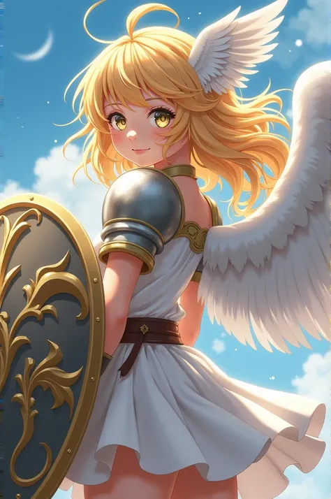   Anime cute girl, gold hair, siver armor, ear angel wing, short skirt, back angle wing, big shield  