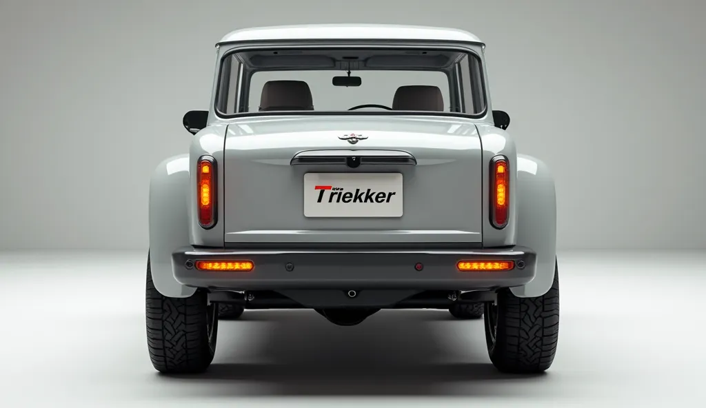  A mesmerizing 3D render of the 1970 (Hindustan motors Trekker) showcased in a captivating(light gray)that demands attention. The only (back)of the vehicle features advanced bright Orange lights, enhancing visibility and embodying innovation. The sleek, cu...