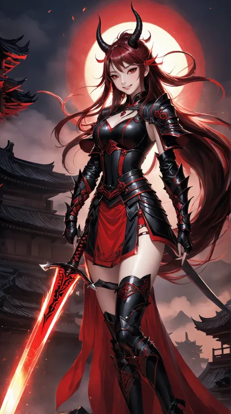 night， Fireyaki Castle , Masterpiece 1.3,  Japanese Demon Warrior Girl ，Smile， Delicate Face ， Red Liu Hai Long Hair , Black Devil's Horn，red eye shadow，Chest,  Wearing Sexy Armor ， Black V-Shaped Design Armor ， Red Stripe Design ， Black Skirt ， Red Skirt ...