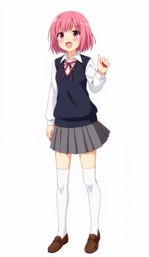 Japanese anime adolescent woman with short straight pink hair and intense magenta eyes and red nails and wears a school uniform consisting of a white long-sleeved blouse with a collar, a dark blue sleeveless sweater, a gray pleated skirt and a tie in the f...