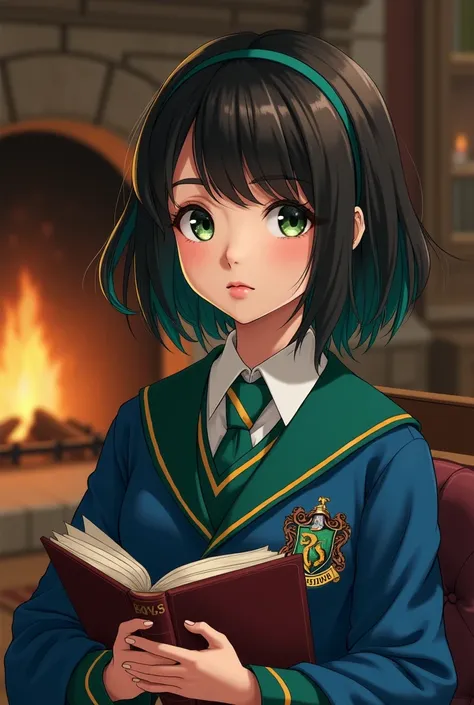 Liadrean Rosier is a young adult and she is , with a slight bust, dark brown bobbed hair with petrol green tips. Her eyes are large and round, lighter than her hair, with a hint of petrol green. She is sitting in the common room holding the Potions book pr...