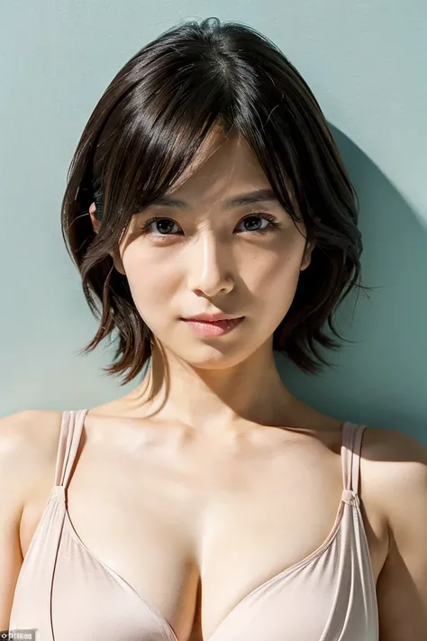  sandwiched between boobs、whole body、A 35-year-old Japanese woman with short black hair、The face is Japanese actress Sa々A place to stick a syringe needle into a 