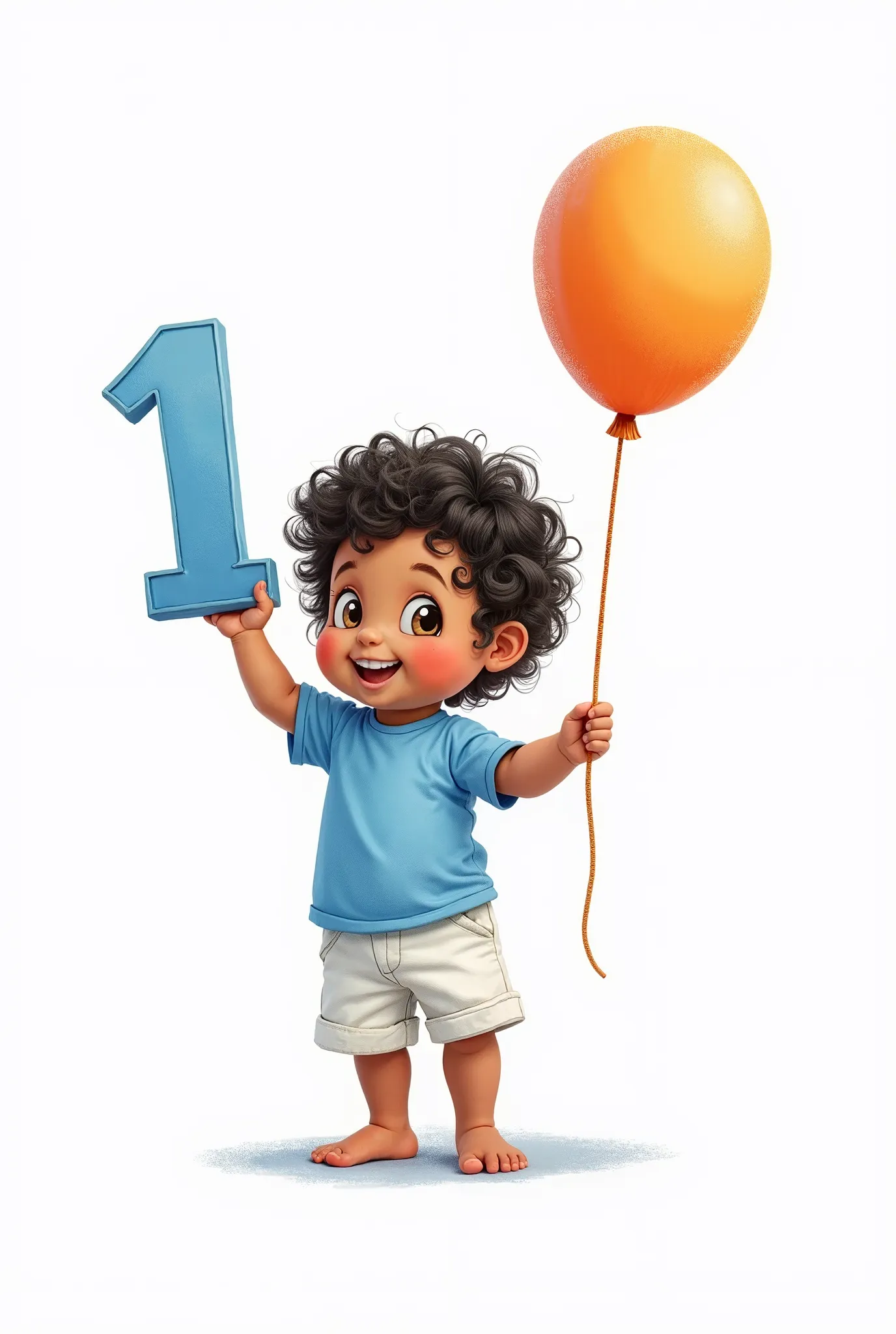  Create in colorful drawing effect, A dark-haired baby with curly hair, Doing number 1 with one hand and holding the balloon in the other hand.  he has to be standing , with a blue t-shirt and white shorts, and barefoot .