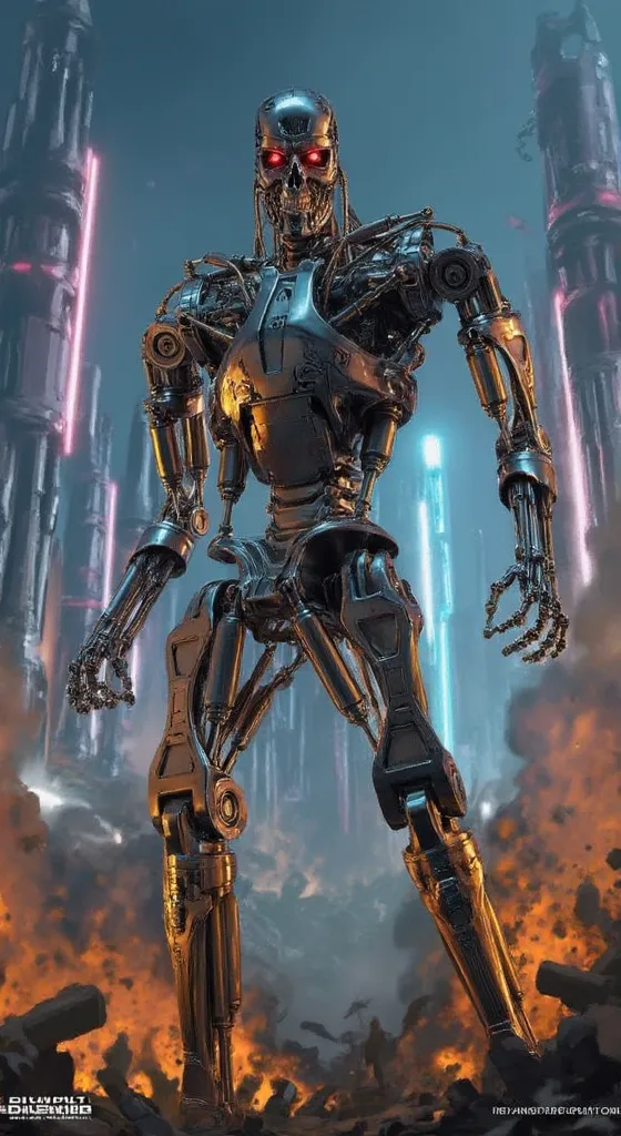 "A combat android with a futuristic and menacing design stands in a neon-lit urban environment at night, surrounded by towering buildings. Its metallic structure is highly detailed and intricate, with exposed internal mechanisms, including pistons, cables,...