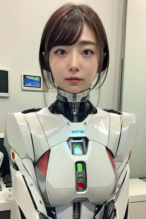 masterpiece, best quality, extremely detailed,  Japaese android girl,Plump , control panels,android,Droid,Mechanical Hand, Robot arms and legs, Black Robot Parts,brown hair,long hair,Mechanical body,Blunt bangs,White robotics parts,perfect robot girl,futur...