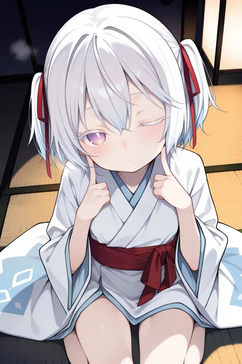 score_9, score_8_up, score_7_up, ((dim, dark room, deep shadows, tatami)), looking up at viewer, (solo, 1girl, yuki onna, white hair, short hair, two side up, habitual hair, hair ribbon, red ribbon, purple eye), ((loli, thin, petite, female, short body)),...