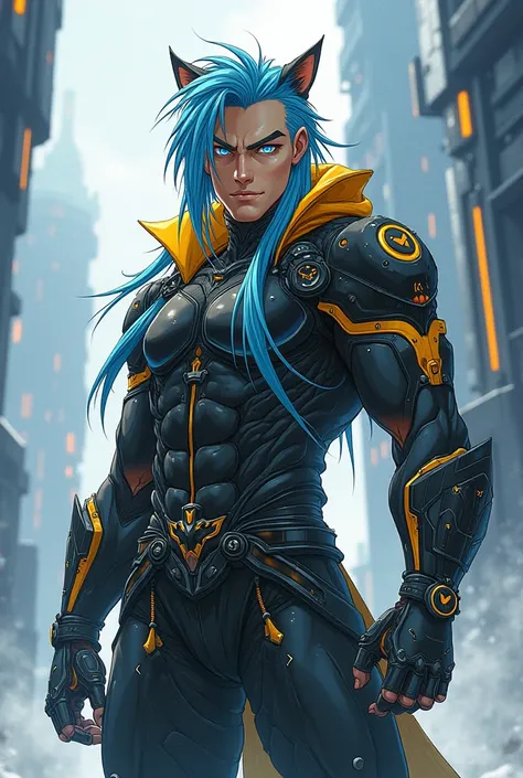 Sabertooth anime male in Black​ techwear changshan outfit longhair soft blue top hairpart and yellow back hairpart smile