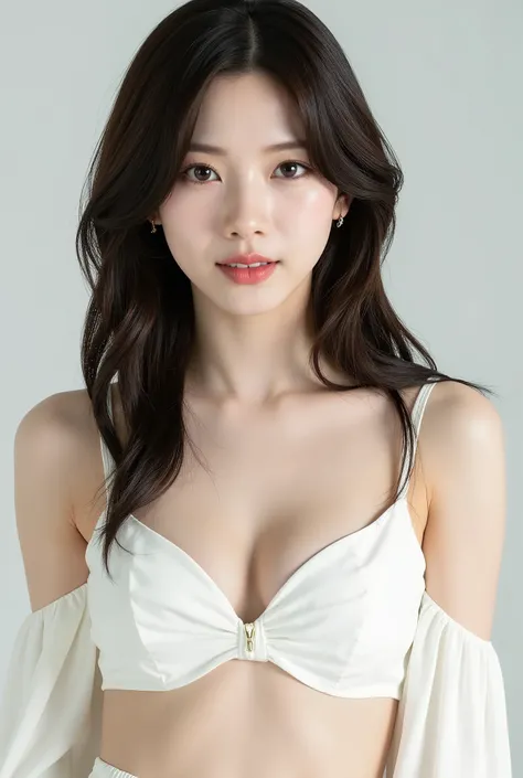 Create a portrait of a stunning K-Pop idol girl, focusing on a close-up from the shoulders up. She has a slender figure and a petite chest, with medium-length hair. The outfit should reflect a light and breezy spring fashion, suitable for a fashion magazin...