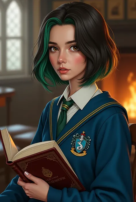 Liadrean Rosier is a young adult and she is , with a slight bust, dark brown bobbed hair with petrol green tips. Her eyes are large and round, lighter than her hair, with a hint of petrol green. She is sitting in the common room holding the Potions book pr...