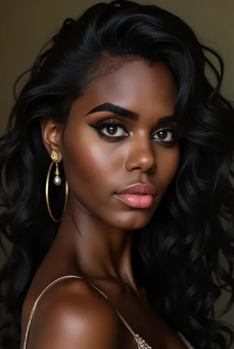 Make them look like a natural black feminine woman with very long and thick jet black hair and extremely long fluffy sharp cat eye lashes with a deep brown lip gloss. And a bald hair wise from the top of the nose down and with a perfect proportion non-dent...