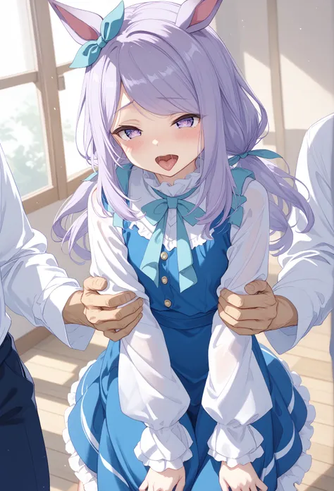 mjm casual, mejiro mcqueen (umamusume),purple hair、 ear ribbon, eyebrows visible through hair, eyes visible through hair, long hair, long sleeves, neck ribbon, horse ears, horse tail, nipples, nsfw、1 man masturbating, man pinches nipples, man touches nippl...