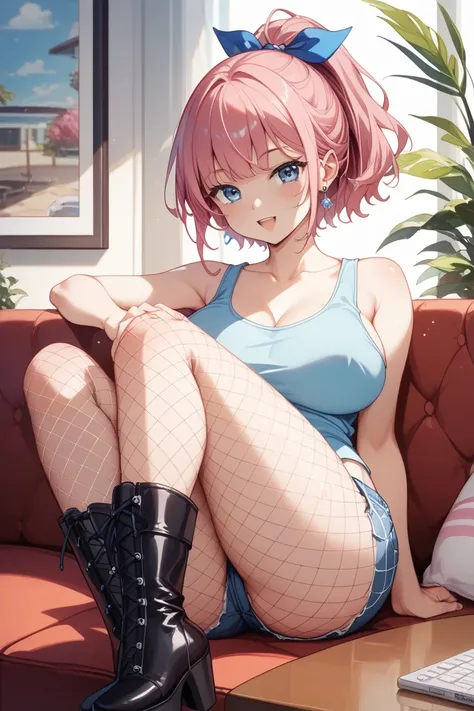  detailed face、Detailed feet、   perfect lighting、Glossy Skin、(   one girl、20-year-old woman)、(   pink hair、   ponytail out of a hole  、   short hair 、   blue eyes、 Big Breasts)、(  miniskirt、 tank top、 wearing boots 、 fishnet tights、 hair tied with blue rib...