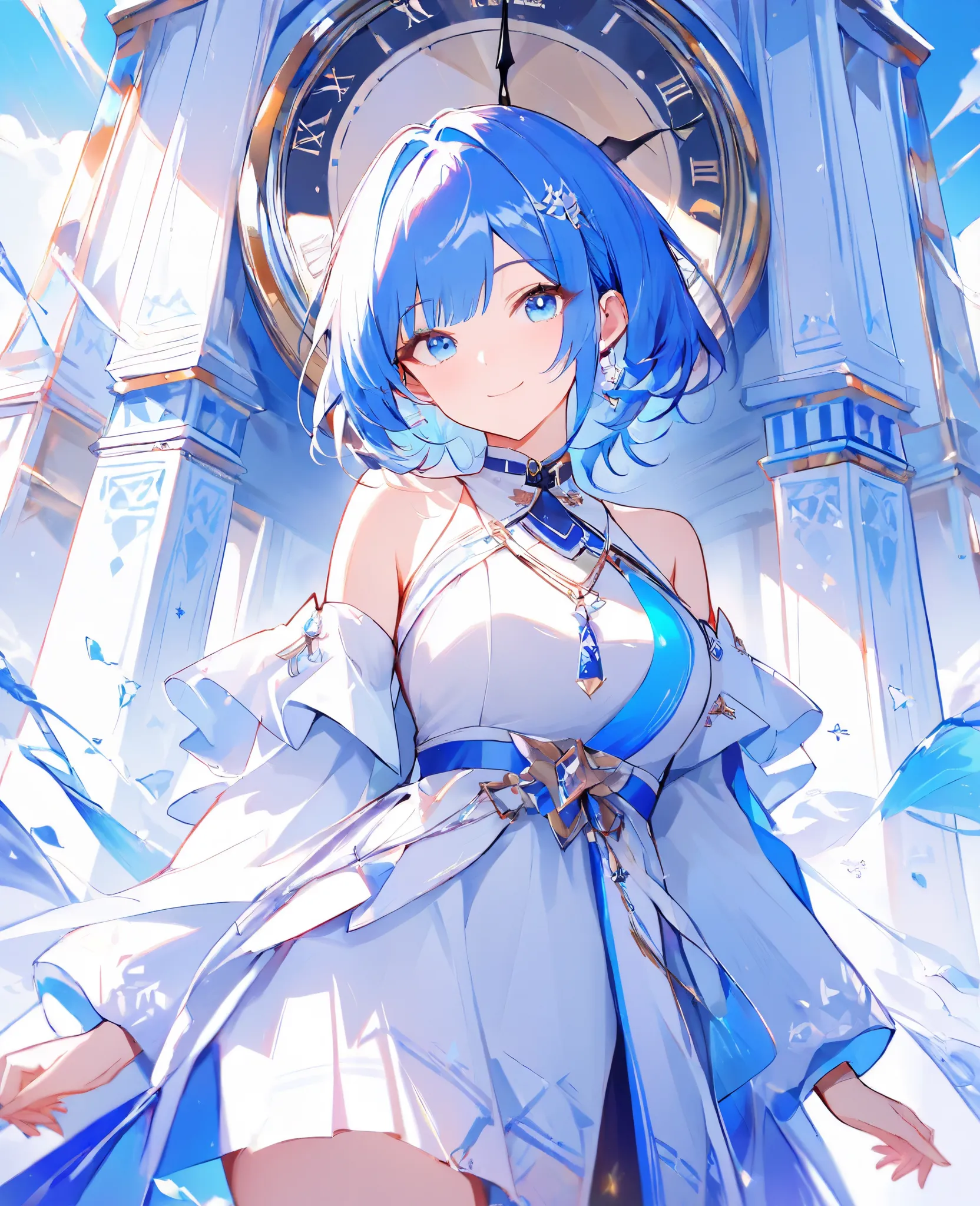 masterpiece, ultra high quality, vividcolor, 1girl , bright navy Hair, smile, feature large highlight、blue eyes 、from front, looking at viewer, standing, curvy, blue and white dress、((blue large clock)), (corridor of white temple), full picture