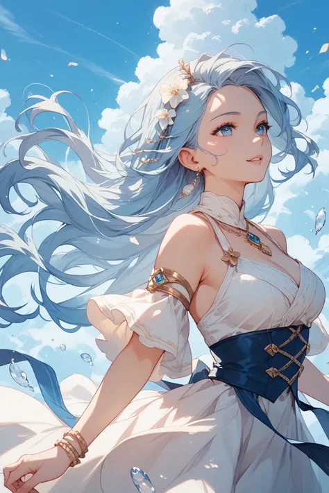  girl has pale light blue long hair close to silvery white（Dances softly when swaying in the wind ）