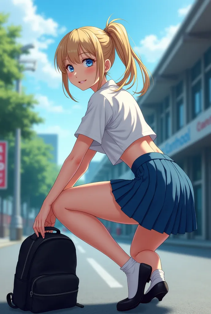 25-year-old woman , blue-eyed blonde short ponytail  , narrow-waisted wide hips massive ass BIG ASS,  Dressed in a white blouse  , short blue pleated skirt,  STANDING with her legs stretched and crouching with her bone sword tilting her back raising her as...