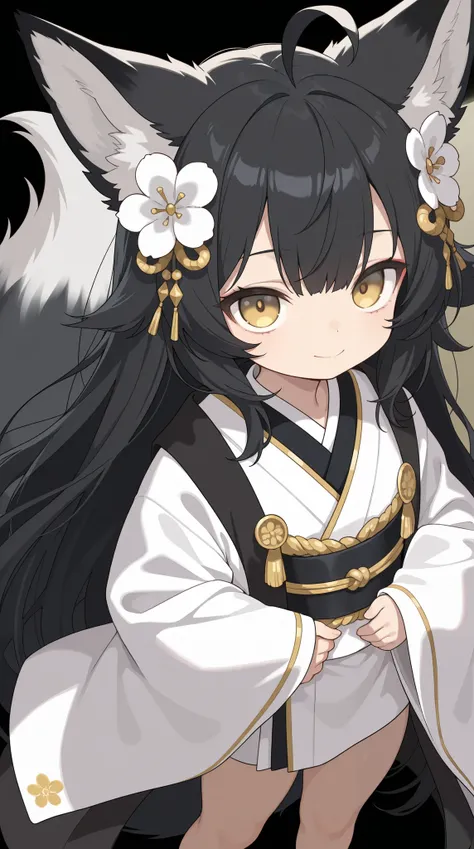 1girl, ahoge, very long hair, black hair, golden eyes, look at viewer, closed mouth, loli, expressionless, japanese clothes, white kimono, white clothes, haori, wide sleeves, smile, thick thigh, black background, standing, fox ears, fox tail, fox girl, bla...