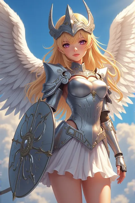   Anime cute girl, gold hair, siver armor, armor short skirt, back angle wing, big shield and sword, angel helmet, Valkyrie, 