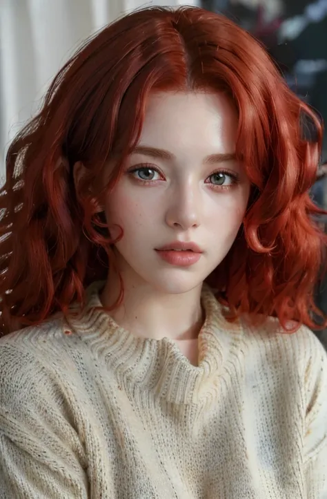 (masterpiece:1.3), (8k, photorealistic, RAW photo, best quality: 1.4), (1girl), beautiful face, (realistic face), (red hair, curly hair:1.3),s, (realistic skin), beautiful skin, (sweater), absurdres, attractive, ultra high res, ultra realistic, highly deta...