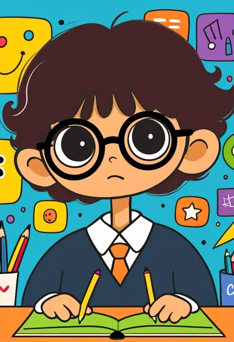 Flat wind，vector，   childish art cartoon of elementary school students in the classroom ，   animated boy with big glasses,  big eyes，  short hair， has a lovely expression ，  Minimalist， suit ，Lovely art style,   colorful! Digital illustration style, Mathem...