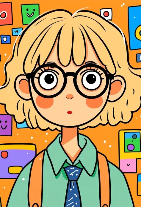 Flat wind，vector，   childish art cartoon of elementary school students in the classroom ，   animated boy with big glasses,  big eyes，  short hair， has a lovely expression ，  Minimalist， suit ，Lovely art style,   colorful! Digital illustration style, Mathem...