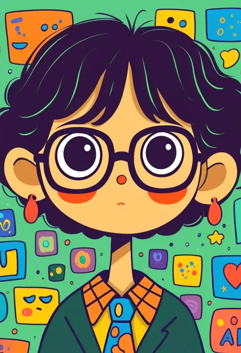 Flat wind，vector，   childish art cartoon of elementary school students in the classroom ，   animated boy with big glasses,  big eyes，  short hair， has a lovely expression ，  Minimalist， suit ，Lovely art style,   colorful! Digital illustration style, Mathem...