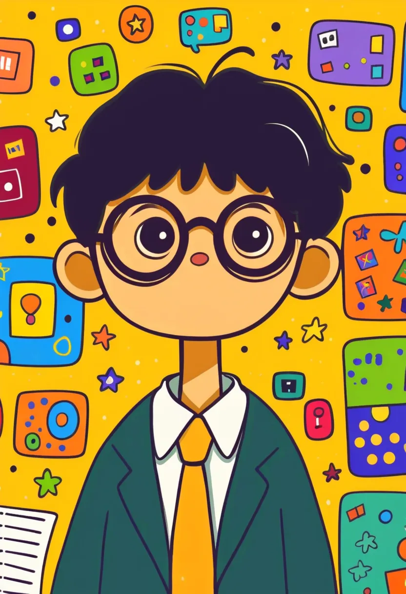 Flat wind，vector，   childish art cartoon of elementary school students in the classroom ，   animated boy with big glasses,  big eyes，  short hair， has a lovely expression ，  Minimalist， suit ，Lovely art style,   colorful! Digital illustration style, Mathem...