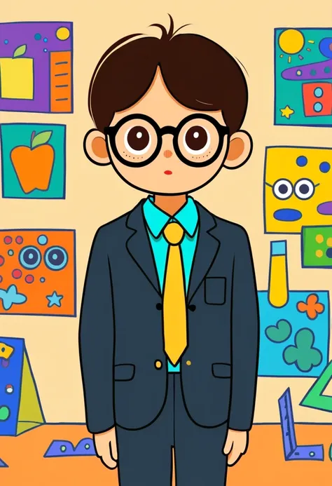 Flat wind，vector，   childish art cartoon of elementary school students in the classroom ，   animated boy with big glasses,  big eyes，  short hair， has a lovely expression ，  Minimalist， suit ，Lovely art style,   colorful! Digital illustration style, Mathem...